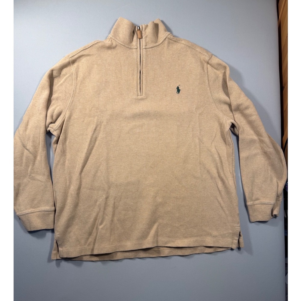 Polo Ralph Lauren Mens XL Tan Beige Cotton Ribbed Quarter Zip Pullover Sweater